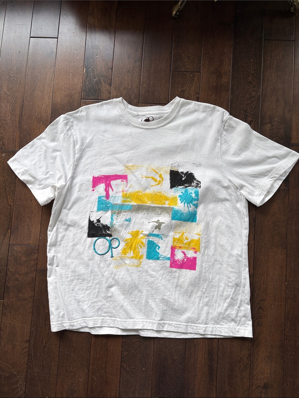 Vintage OP White Tee with Cyan, Magenta, Yellow Surf Blocks 1980s 1990s